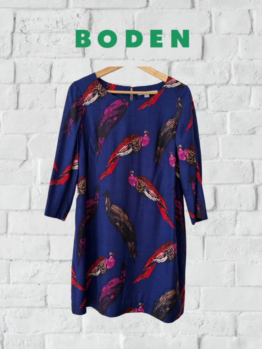 Boden | Silk Blend Bird Print Shift Dress | Navy Blue | 3/4 Sleeve | Size 8